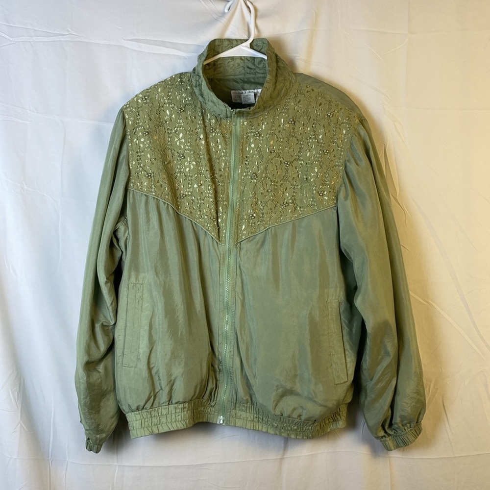 Vintage Silk Green Beaded Jacket and Pant Jogger Jumpsuit Set Sz. Large